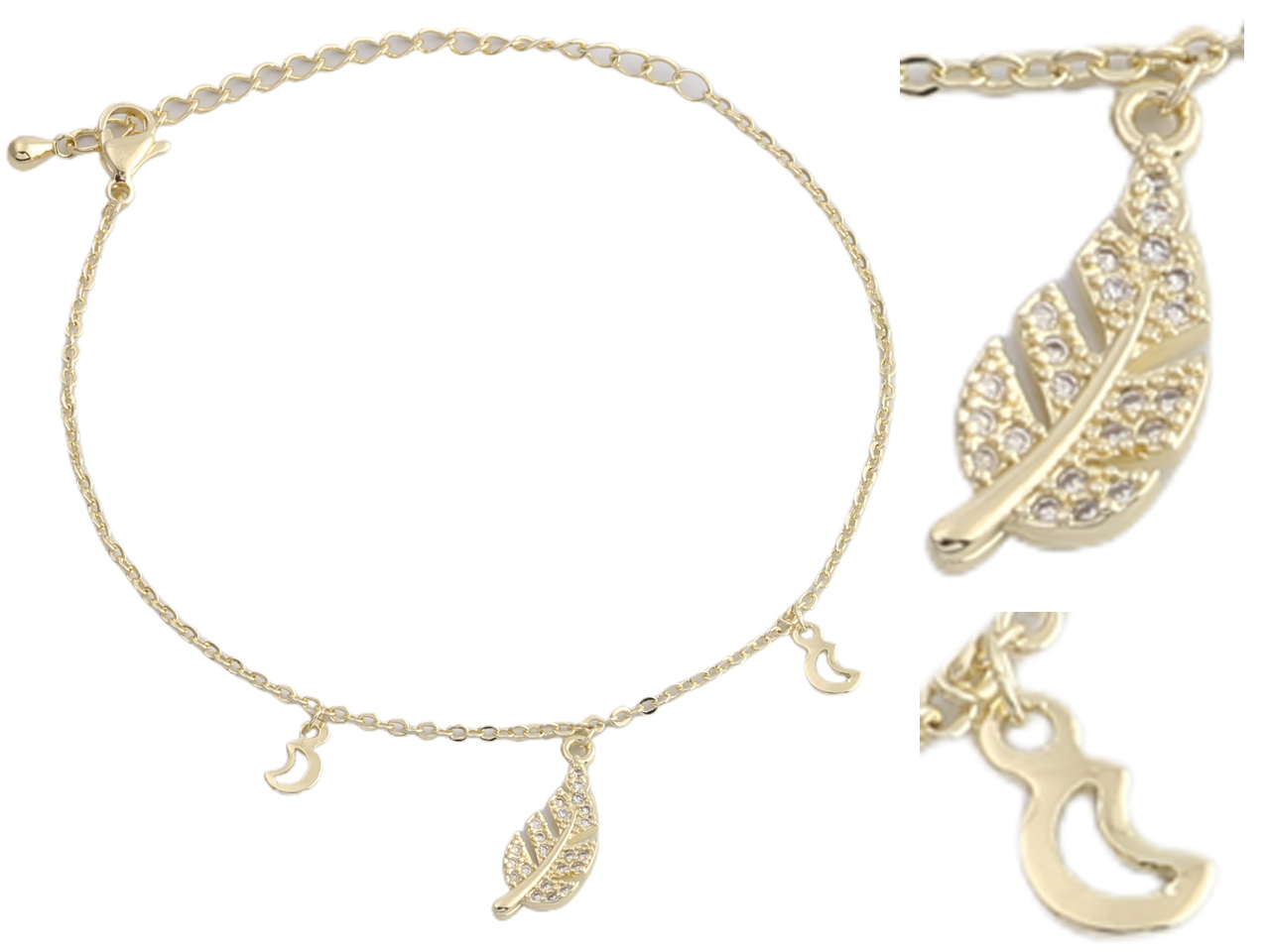 Crystal Leaf on Bass Chain 18K Gold Plated Bracelet