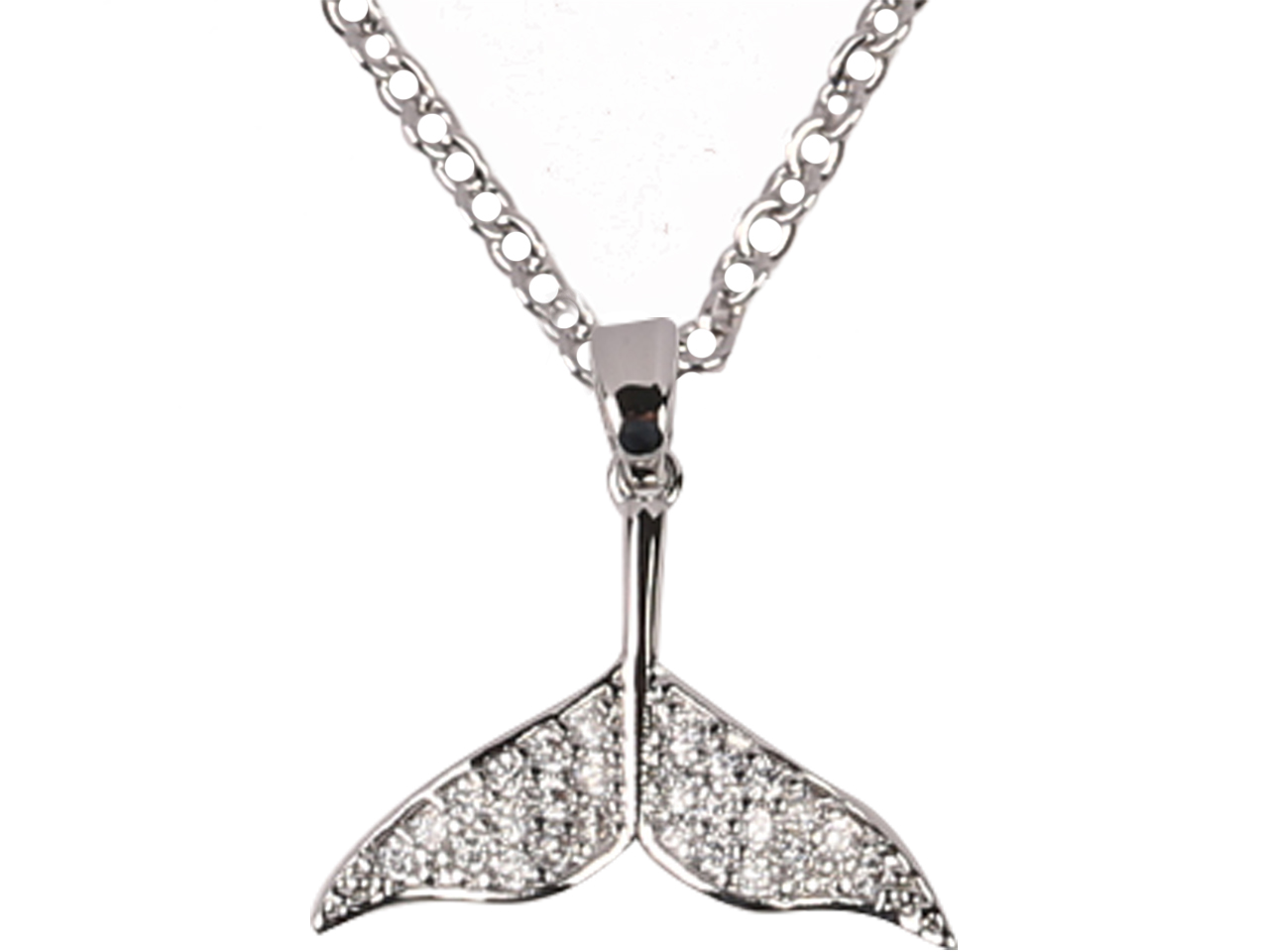 Crystal Whale Tail on 18" Bass Chain Rhodium Plated Necklace