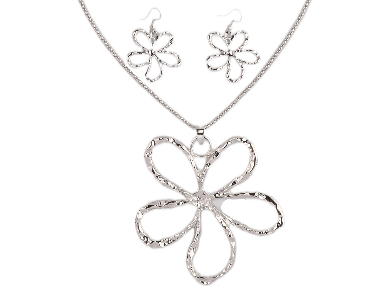 Plumeria Silver Tone 35" Necklace & Earrings Set, MOQ-6