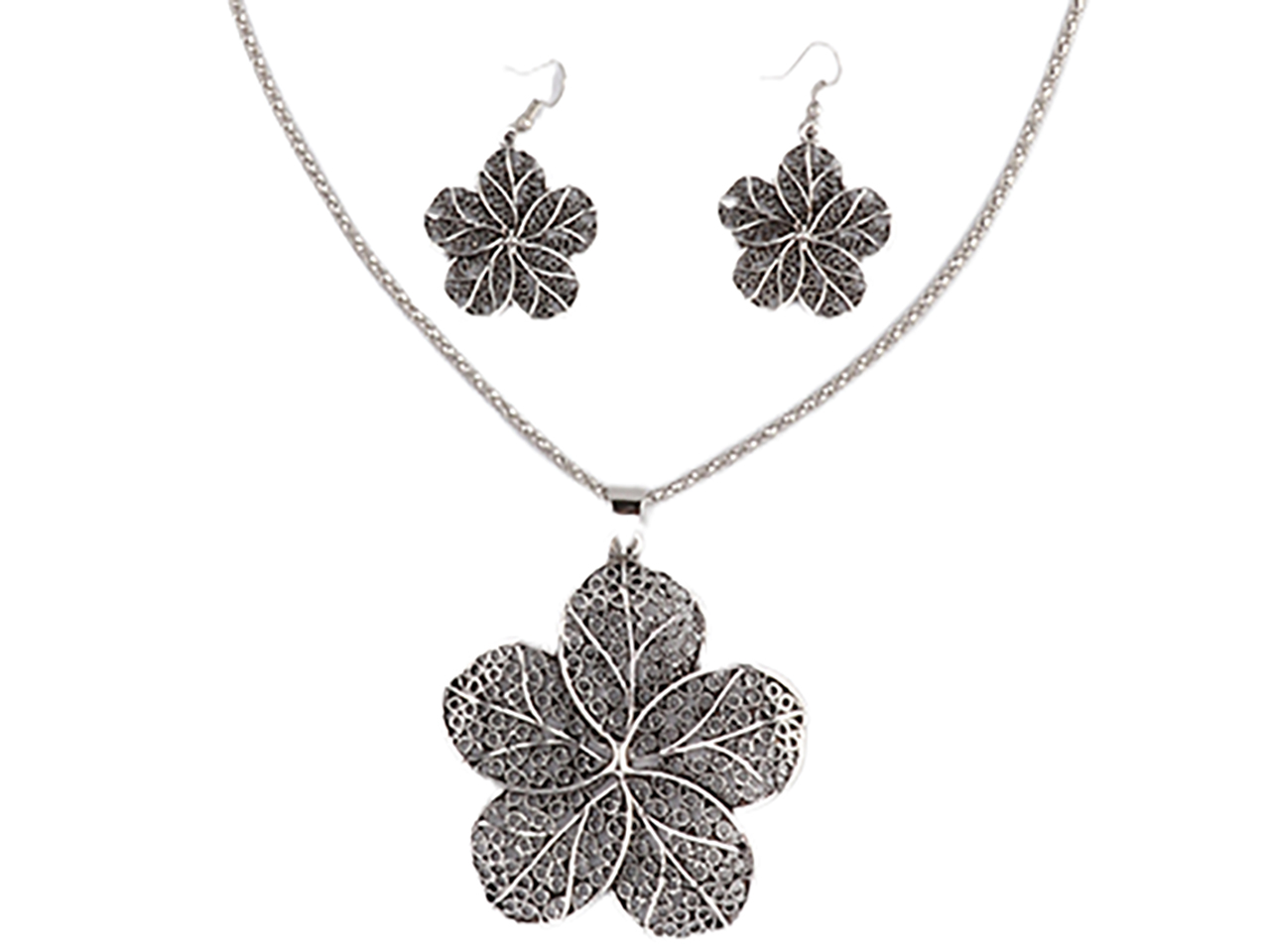 Plumeria Silver Tone 35" Necklace & Earrings Set, MOQ-6