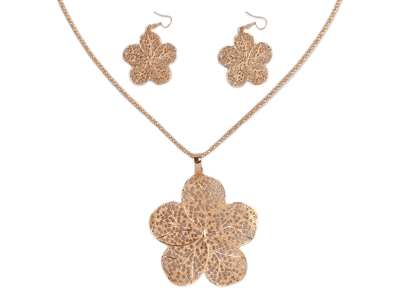 Plumeria Gold Tone 35" Necklace & Earrings Set, MOQ-6