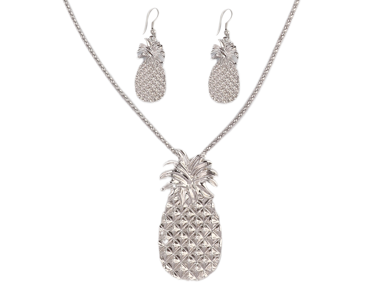 Pineapple Silver Tone 35" Necklace & Earrings Set, MOQ-6