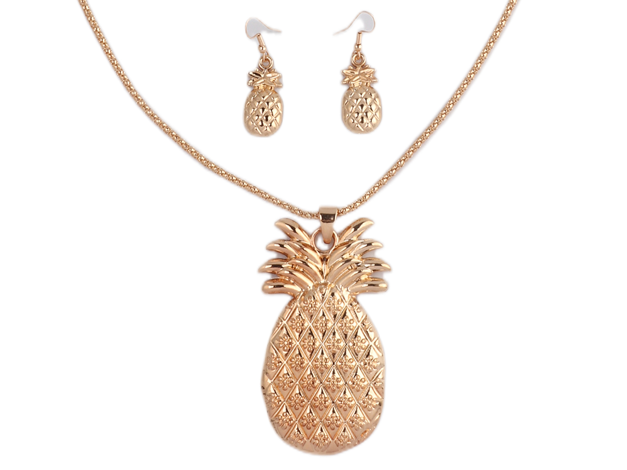 Pineapple Gold Tone 35" Necklace & Earrings Set, MOQ-6