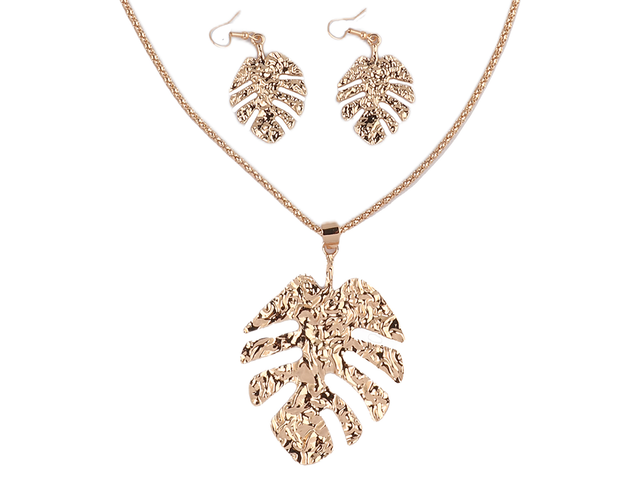 Monstera Leaf Gold Tone 35" Necklace & Earrings Set, MOQ-6