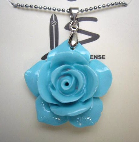 3cm Synthetic Coral Powder Blue Rose Flower Pendant w/Ball Chain