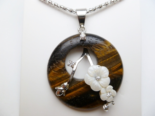 40mm Tiger Eye Stone Pendant w/ MOP Flower on Chain