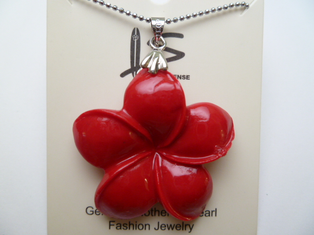 35mm Synthetic Coral Powder Plumeria Red Pendant w/Ball Chain