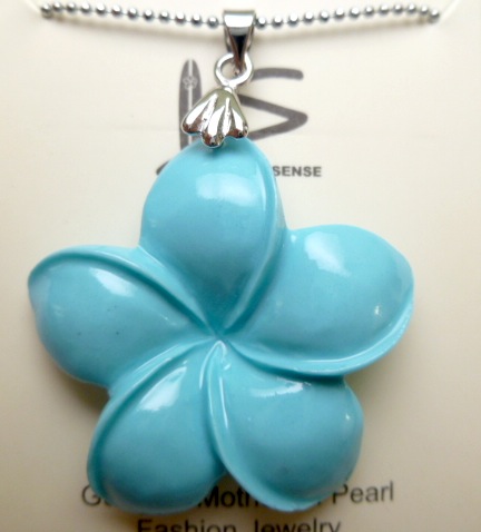 35mm Blue Synthetic Plumeria Flower Pendant w/ 18KGP Ball Chain