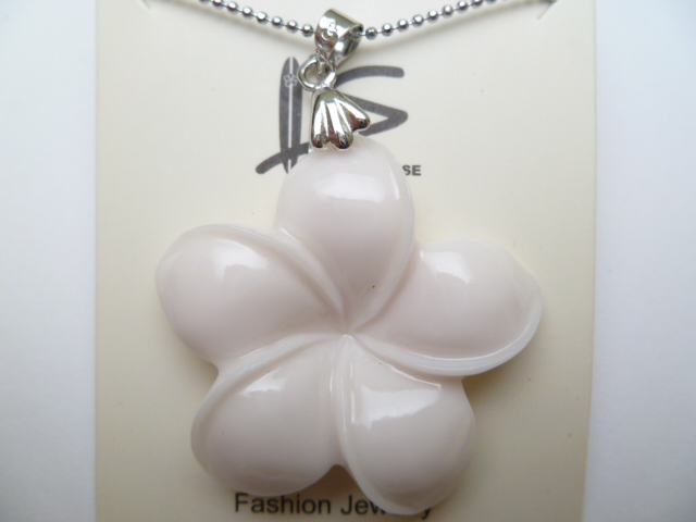 35mm Synthetic Coral Powder Plumeria White Pendant w/Ball Chain