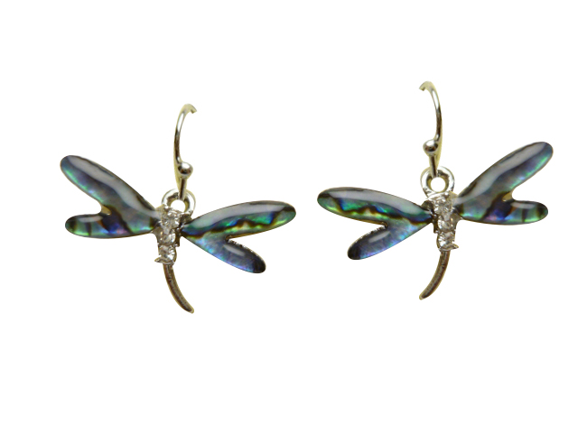 Abalone Shell Dragonfly CZ Dangling Earrings