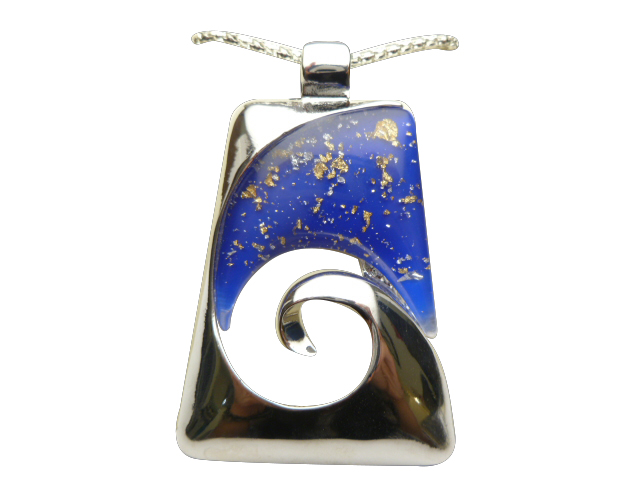 50x40mm Dark Blue w/Gold Fashion Glass Pendant w/ Ball Chain