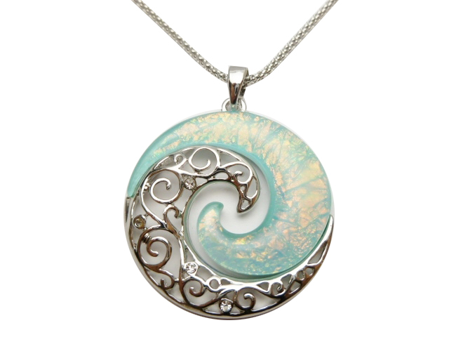 35mm Light Blue Glass Koru Pendant Necklace w/ Ball Chain