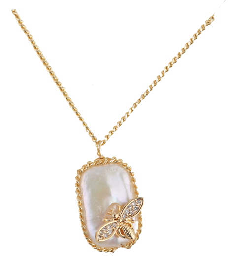 Rectangle Fresh Water Pearl Pendant w/ Crystal Bee on Chain