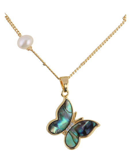 Abalone Shell Butterfly & Fresh Water Pearl On Chain
