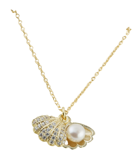 Crystal Seashell w/ Fresh Water Pearl on Chain Necklace 16" + 2