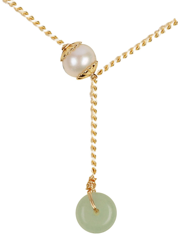 Round Light Green Jade w/ One White Pearl on Gold Tone Chain