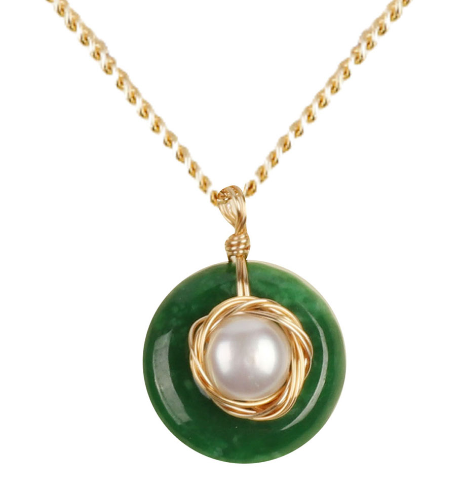 White Pearl Dark Green Jade on Gold Tone Chain