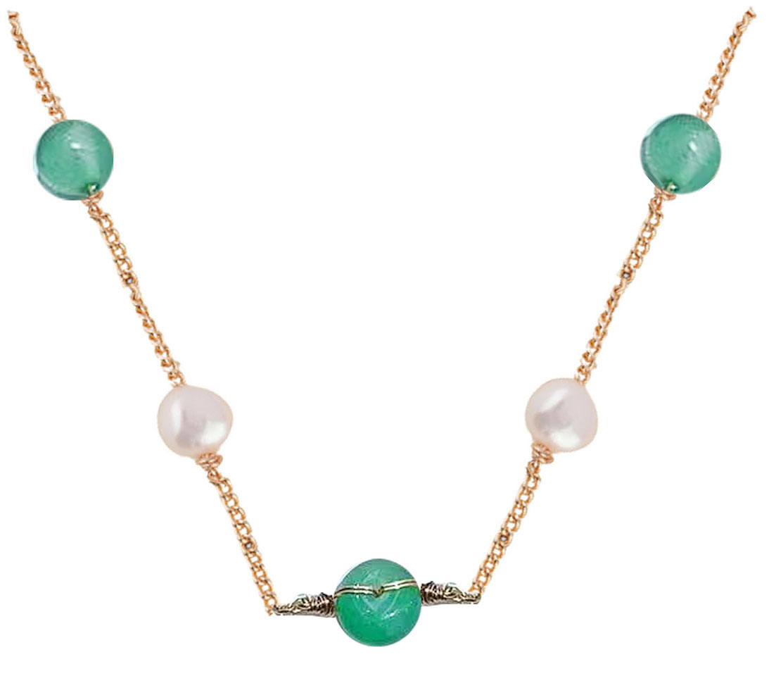 Round Light Green Jade on White Pearl Gold Tone Chain