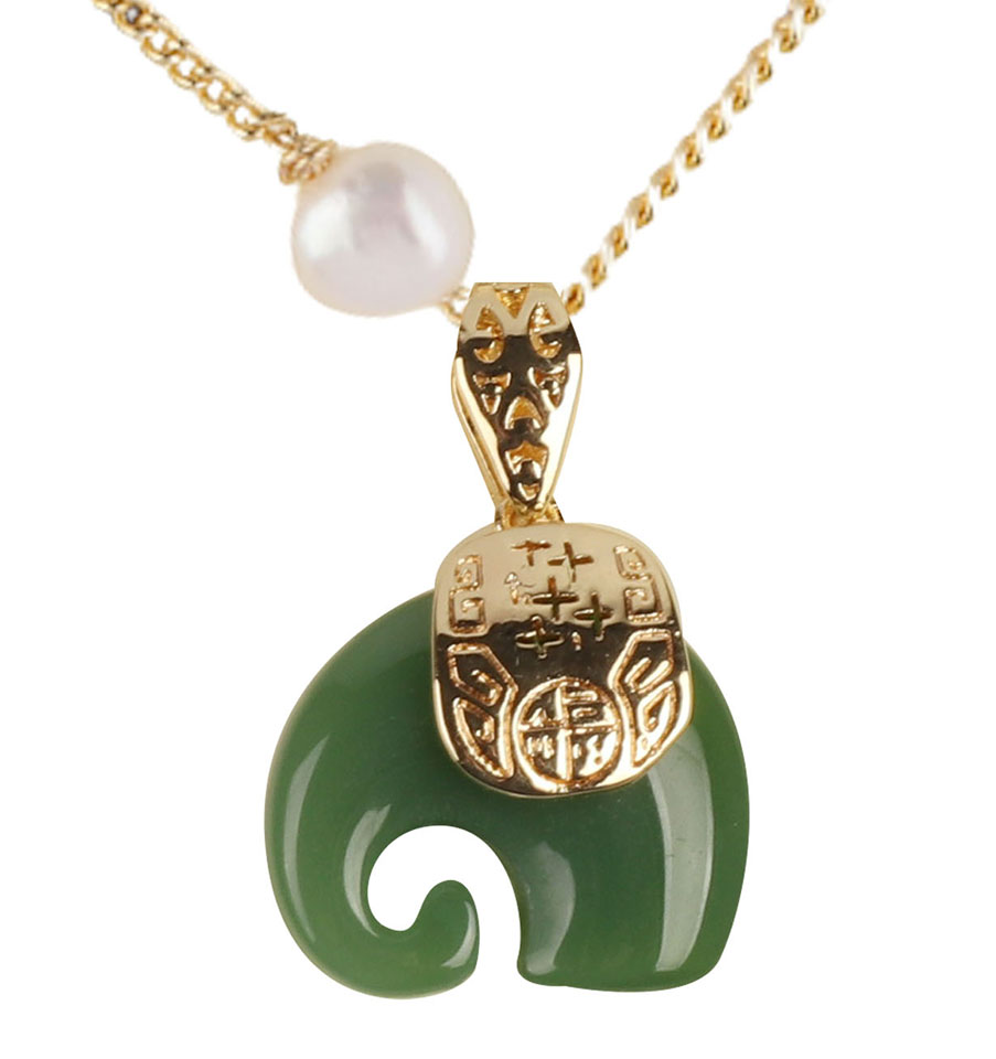 Dark Green Jade Elephant w/ Fresh Water Pearl on Gold Tone Chain