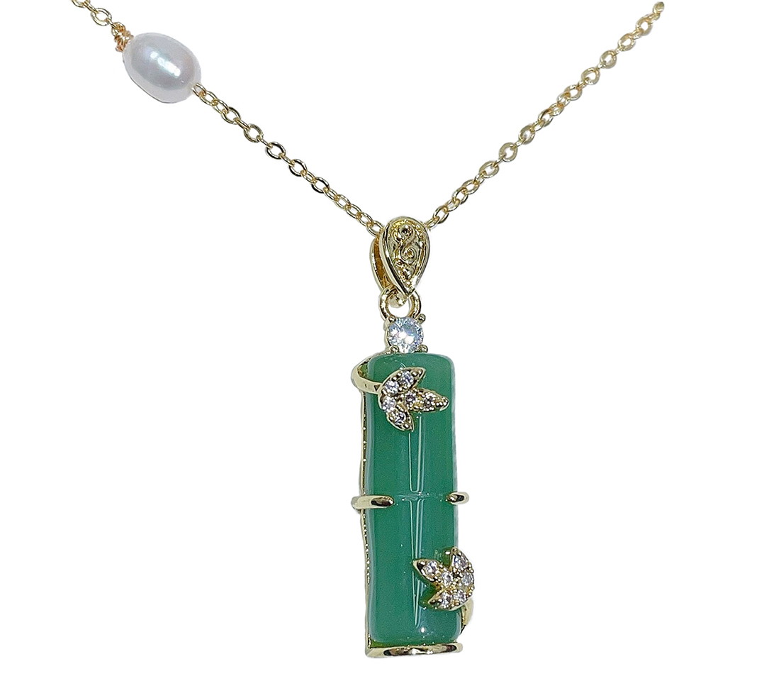 Dark Green Jade Bamboo w/ Fresh Water Pearl on Gold Tone Chain