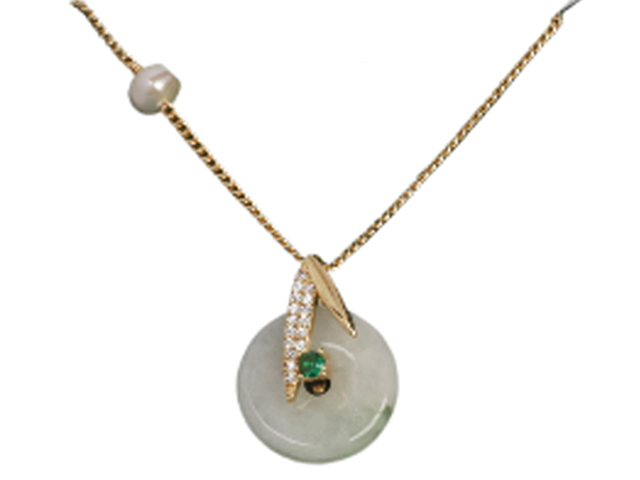 Light Green Aventurine Donut w/ Crystal Leaf w/ Pearl on Gold To - Click Image to Close