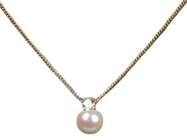 Fresh Water Pearl w/ Clear Crystal on Gold Tone Chain Necklace,