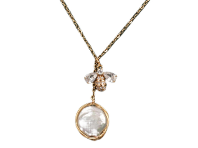 White Fresh Water Pear w/ Crystal Bee on Gold Tone Chain Necklac