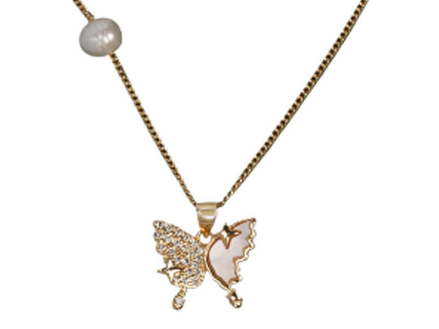 MOP & Crystal Butterfly w/ Pearl Gold Tone Necklace, MOQ-6