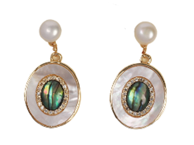 Abablone & MOP Shell w/ Pearl Gold Tone Dangle Earrings, MOQ-6