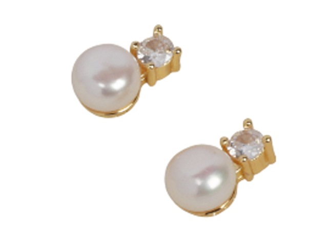 Fresh Water Pearl w/ Clear Crystal Gold Tone Stud Earrings, MOQ-