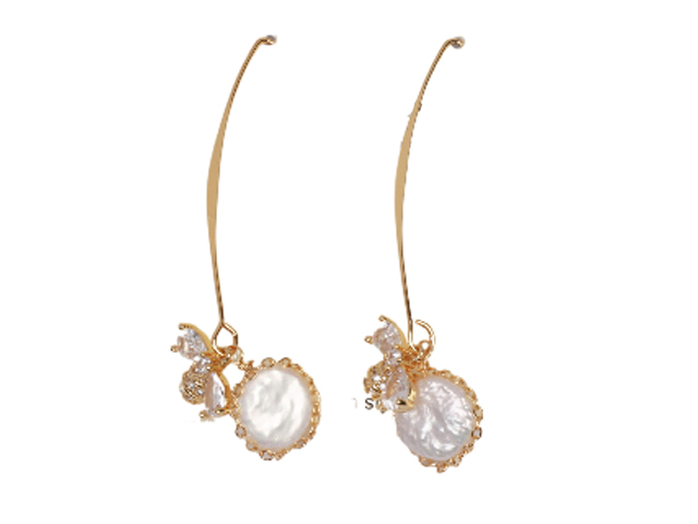 White Fresh Water Pear w/ Crystal Bee on Gold Tone Dangle Earrin