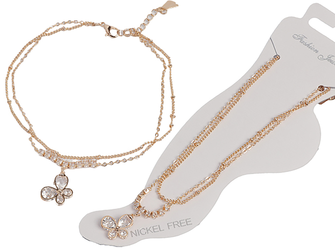 Gold Tone Chain w/ Dangling CZ Butterfly Anklet