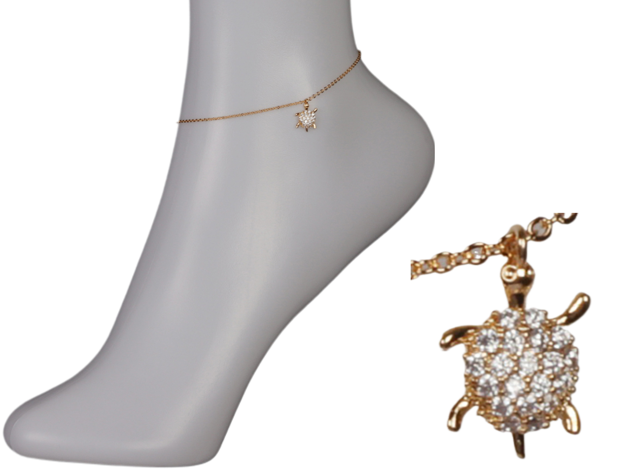 Gold Tone Chain Crystal Turtle Charm Anklet, MOQ-6 - Click Image to Close