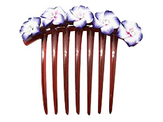 Violet & White Fimo Flower w/ CZ Hair Comb