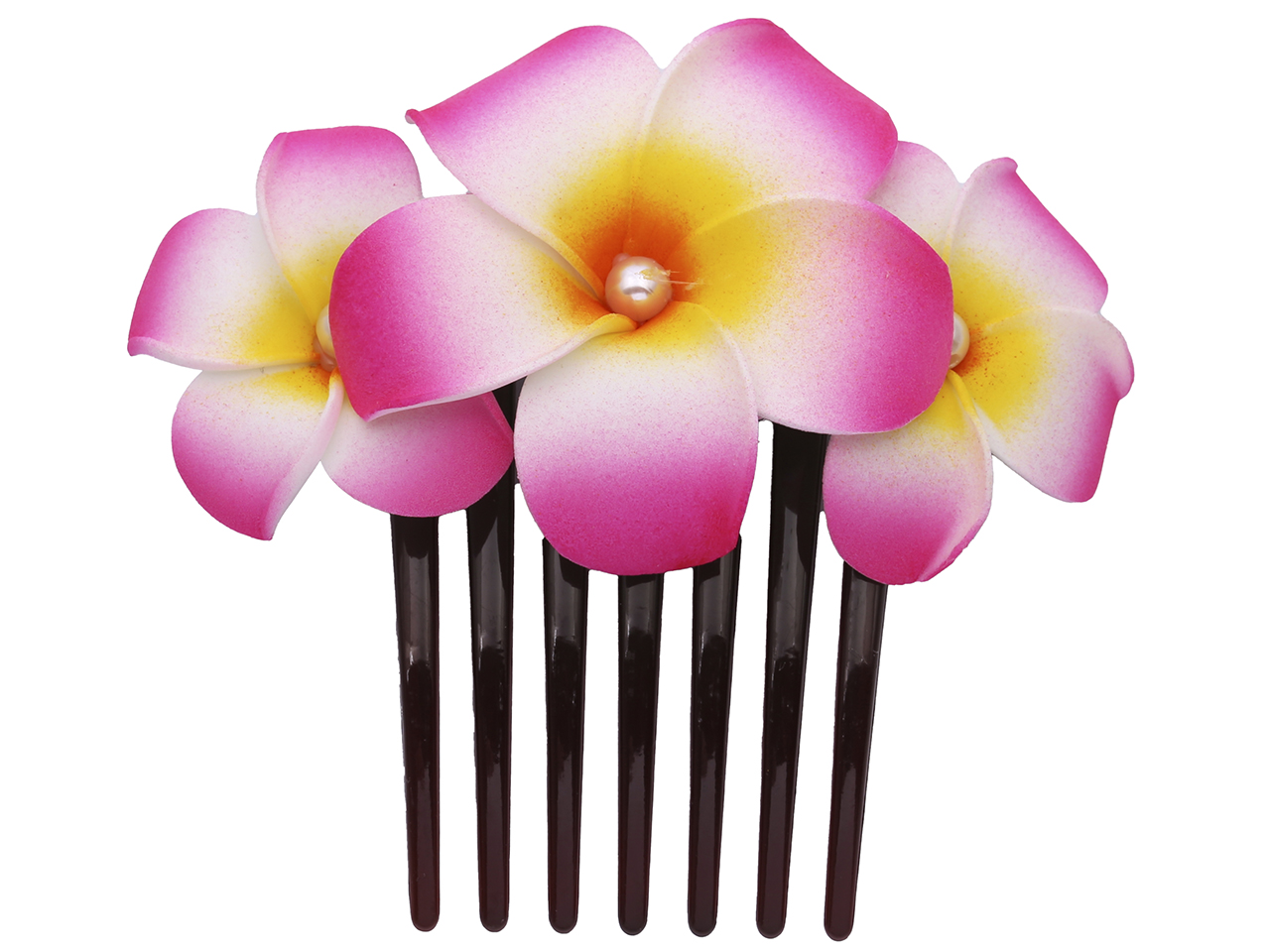 Foam Hot Pink & Yellow Plumeria Flower w/ Pearl Bead Hair Comb