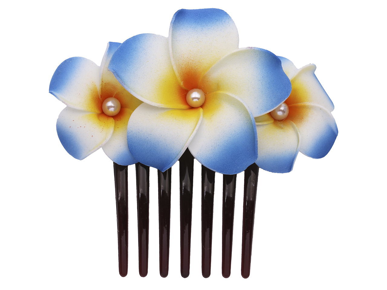 Foam Blue & Yellow Plumeria Flower w/ Pearl Bead Hair Comb