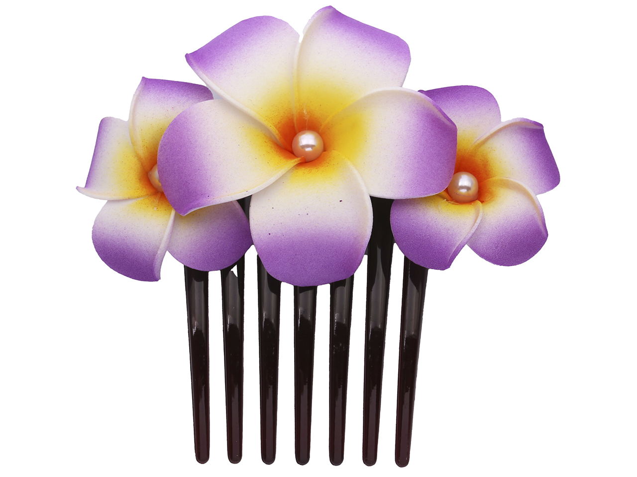 Foam Purple & Yellow Plumeria Flower w/ Pearl Bead Hair Comb