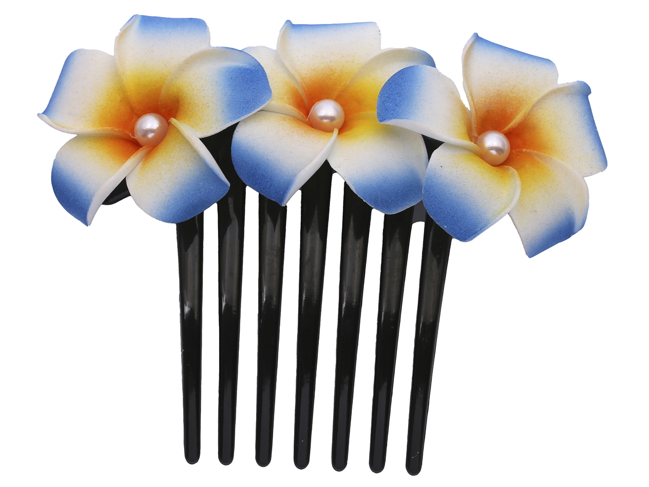 Foam Blue & Yellow Plumeria Flower w/ Pearl Bead Hair Comb