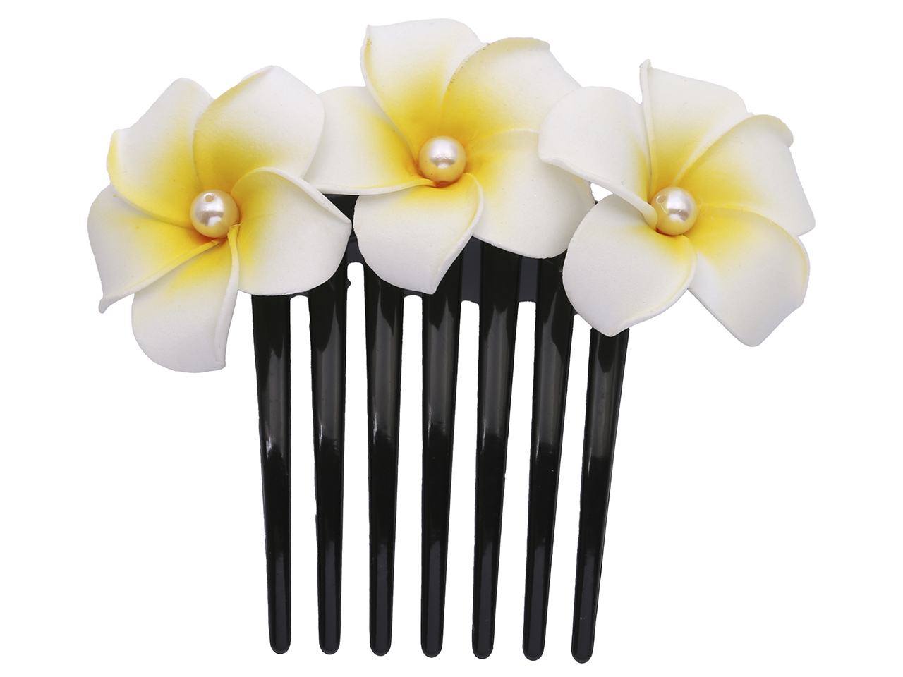 Foam White & Yellow Plumeria Flower w/ Pearl Bead Hair Comb