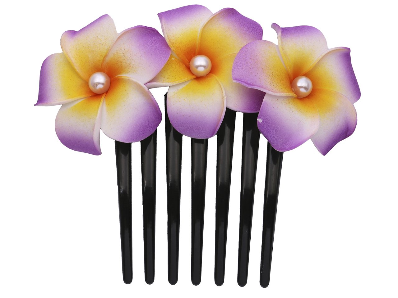 Foam Purple & Yellow Plumeria Flower w/ Pearl Bead Hair Comb