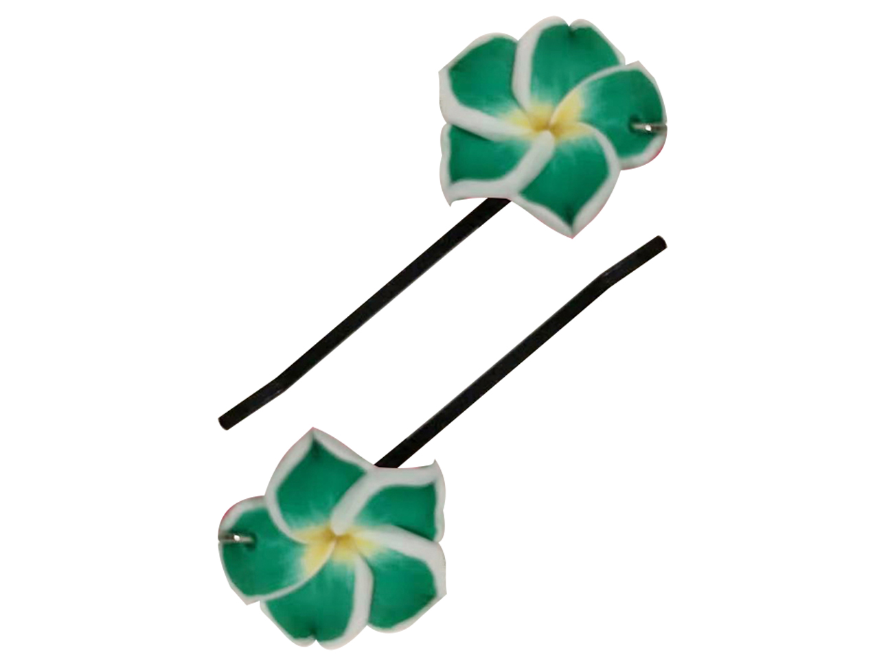 Green, Yellow & White Fimo Flower Bobby Pin Hair Clip, MOQ-12 pa - Click Image to Close