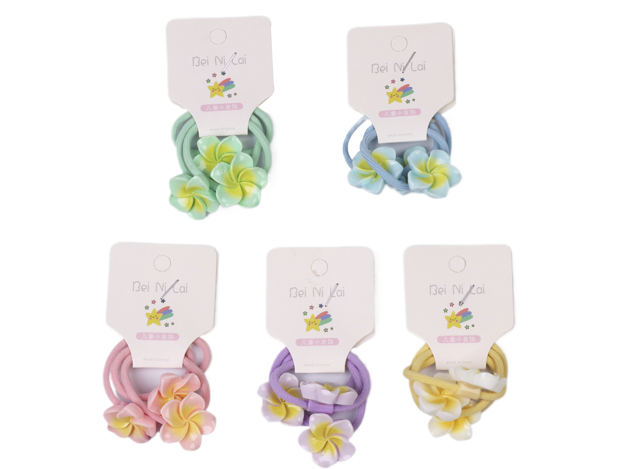 Assort Color Acrylic Plumeria Hair Tie, 3pcs/card, MOQ-12cards