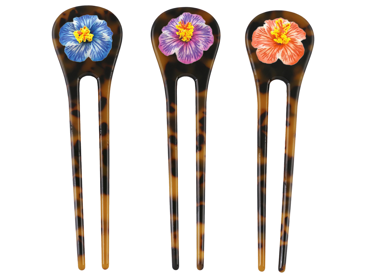 Assorted Hibiscus Print Faux Turtle Shell Hairpin, MOQ-12