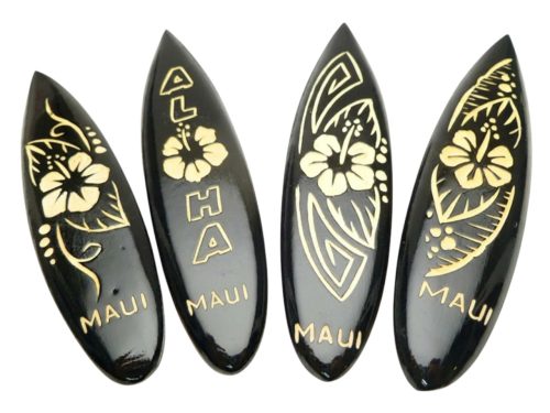 "MAUI" Hibiscus 12cm Assorted Wood Carved Surfboard Magnet