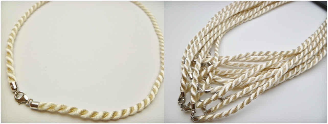 18"- 3mm Cream American Satin Twist Braid Necklace w/ 925 Silver