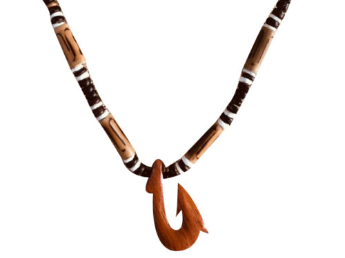 Wood Fish Hook w/ 18" Coconut & Wood Beads Necklace