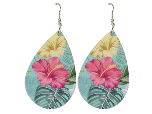 Hibiscus Tropical Floral Print on Teardrop Shape Earrings, MOQ-6
