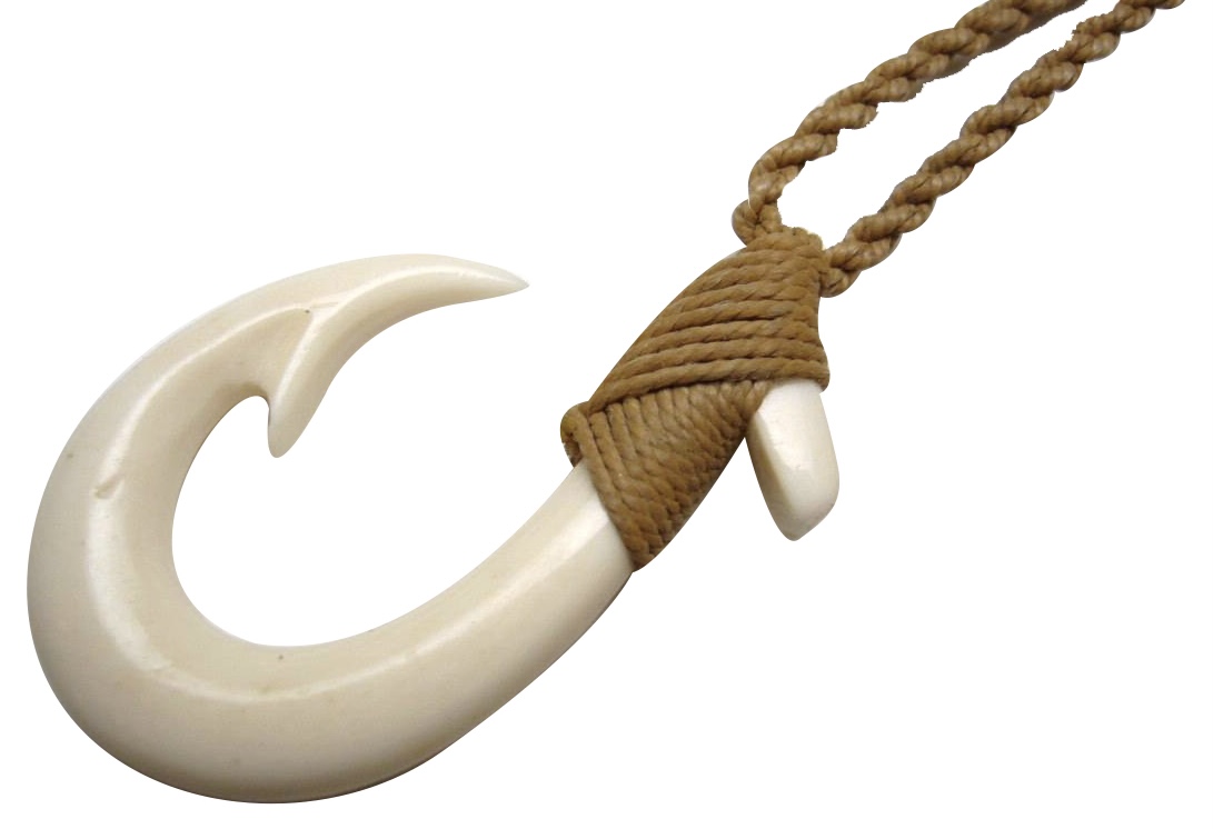 23x36mm Buffalo Bone Fish Hook Necklace w/ Brown Cord (35055-1)