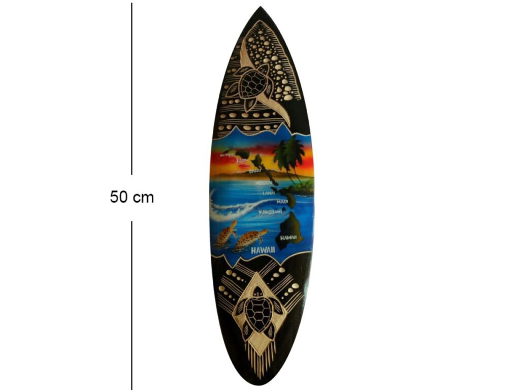 50cm/20″ Wood Carved w/ Hibiscus & Hawaii Island Map Surfboard – JKW LLC