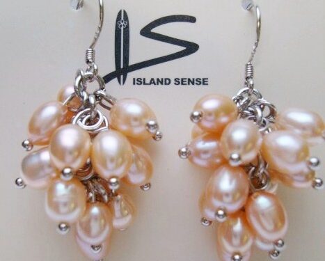 Peach Freshwater Pearl Grape Cluster Earrings w/ 925 Silver Hook